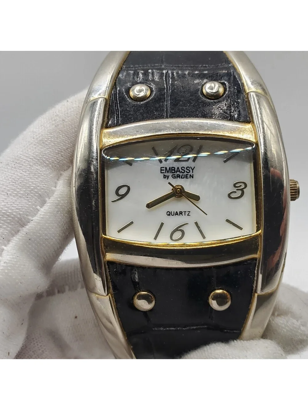 Embassy By Gruen Black Cuff Band Womens Watch White Dial 33mm New Battery